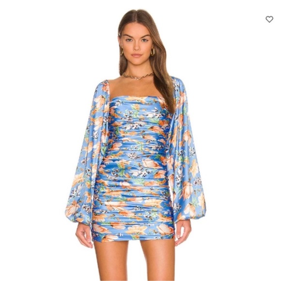 Perfect Revolve Nookie Simone I've blue floral ruched mini long sleeve Dress  s - coffeafoods.com